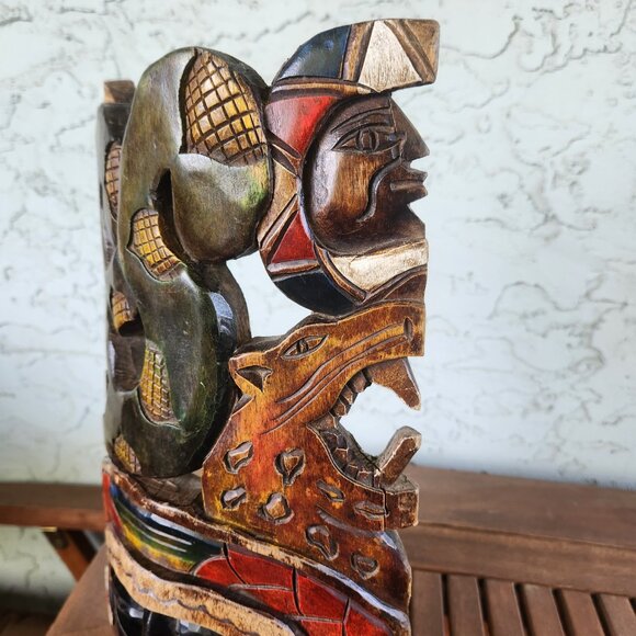 Hand-Carved Mayan Aztec Wooden Mask Tribal Wall Art with Snake, Jaguar & Warrior - Picture 3 of 16